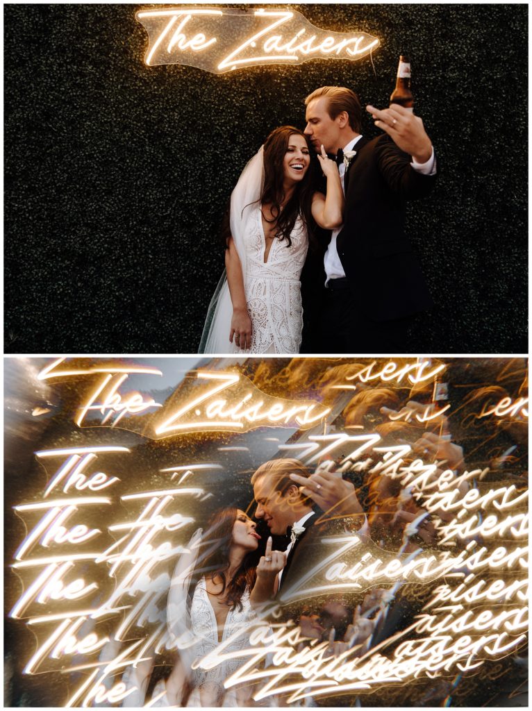 wedding photos at night, bride and groom, neon wedding sign