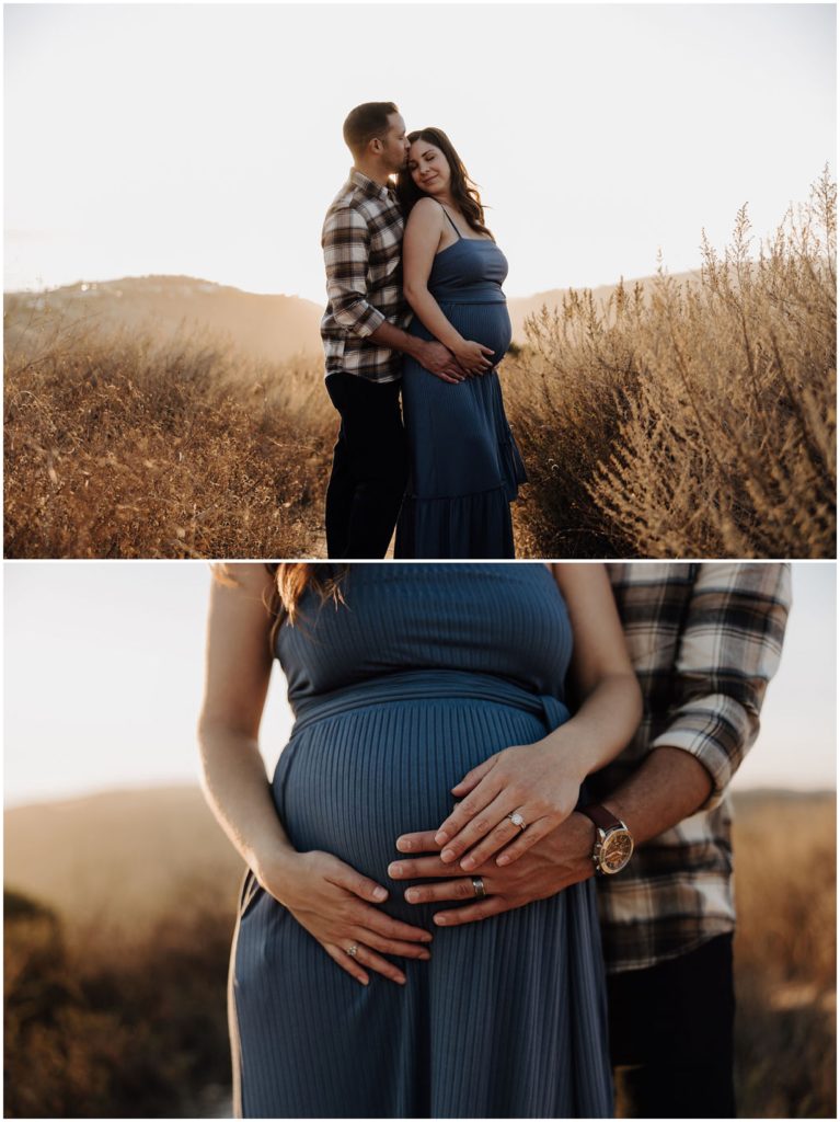 husband hugging wife's pregnant belly