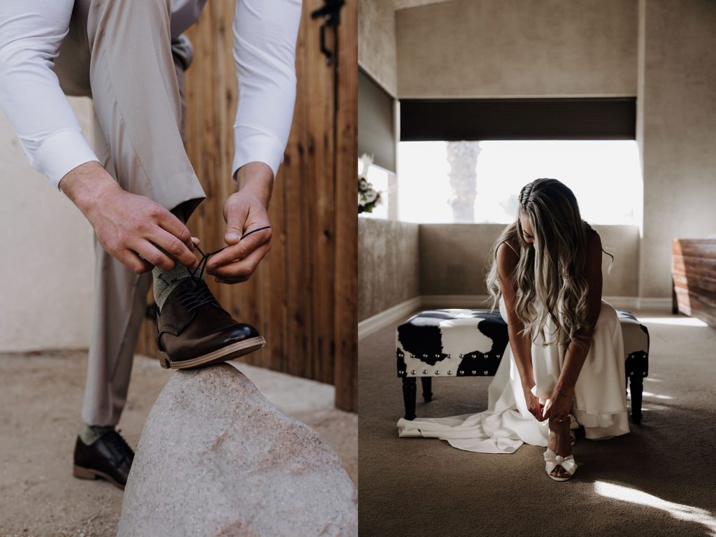 bride and groom putting on their shoes