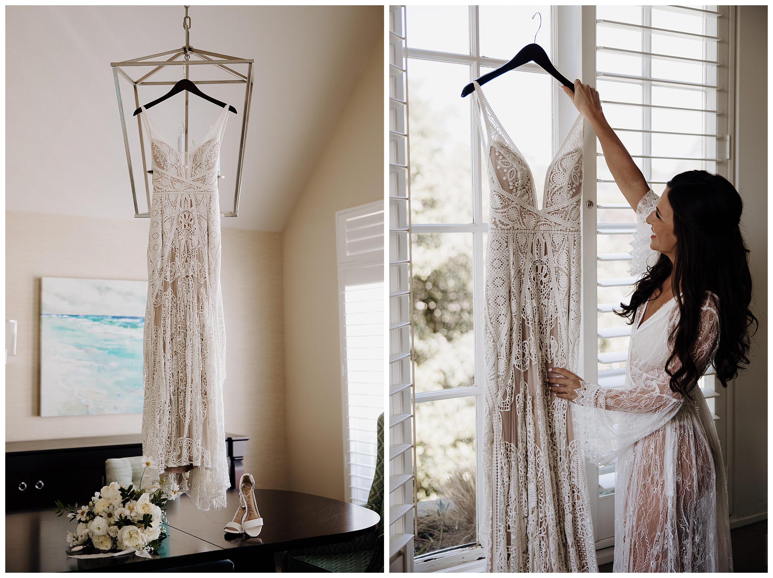 wedding dress hanging on lamp, wedding dress hanging, bride holding wedding dress
