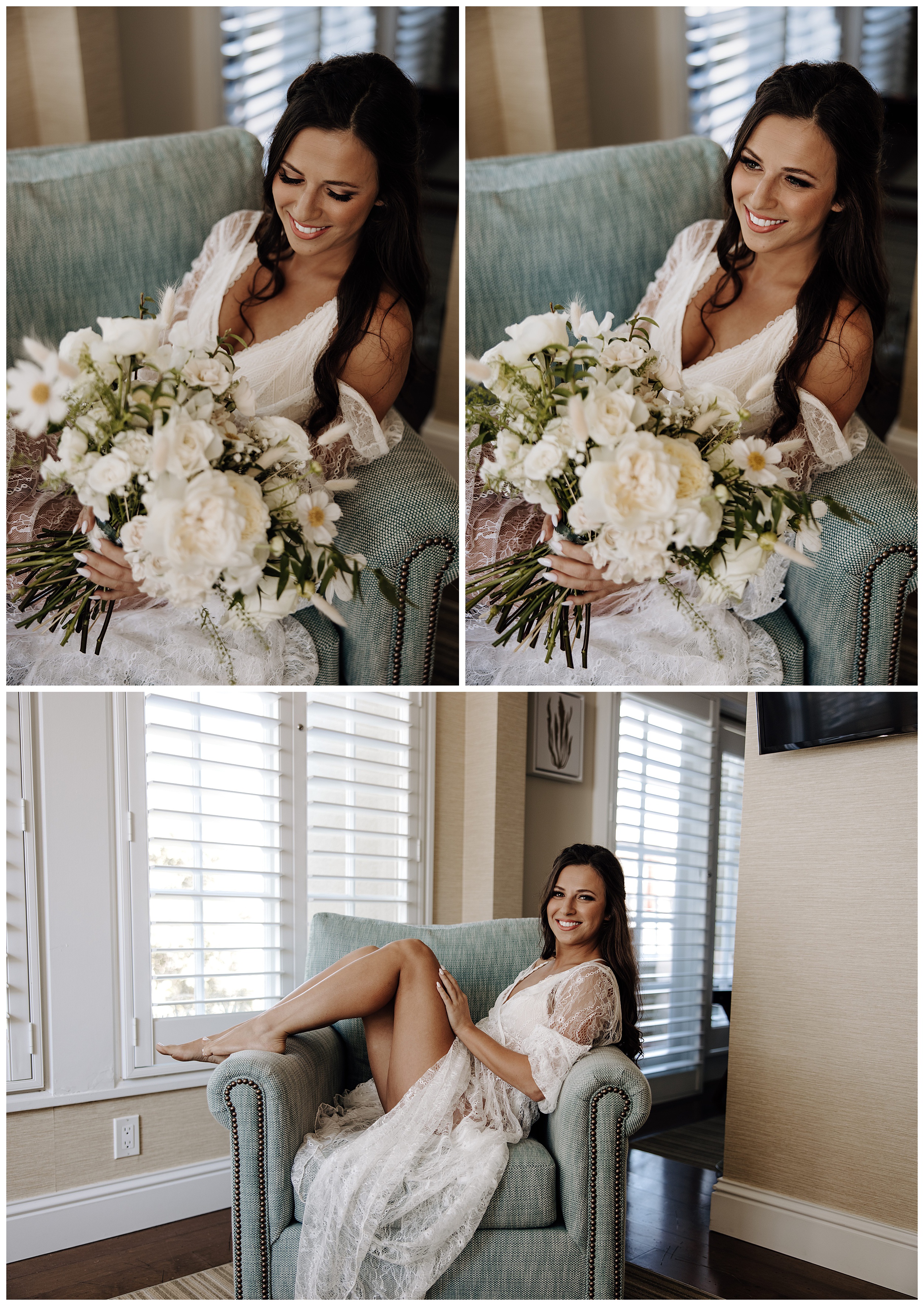 bride sitting on couch, bride holding bouquet, bride getting ready
