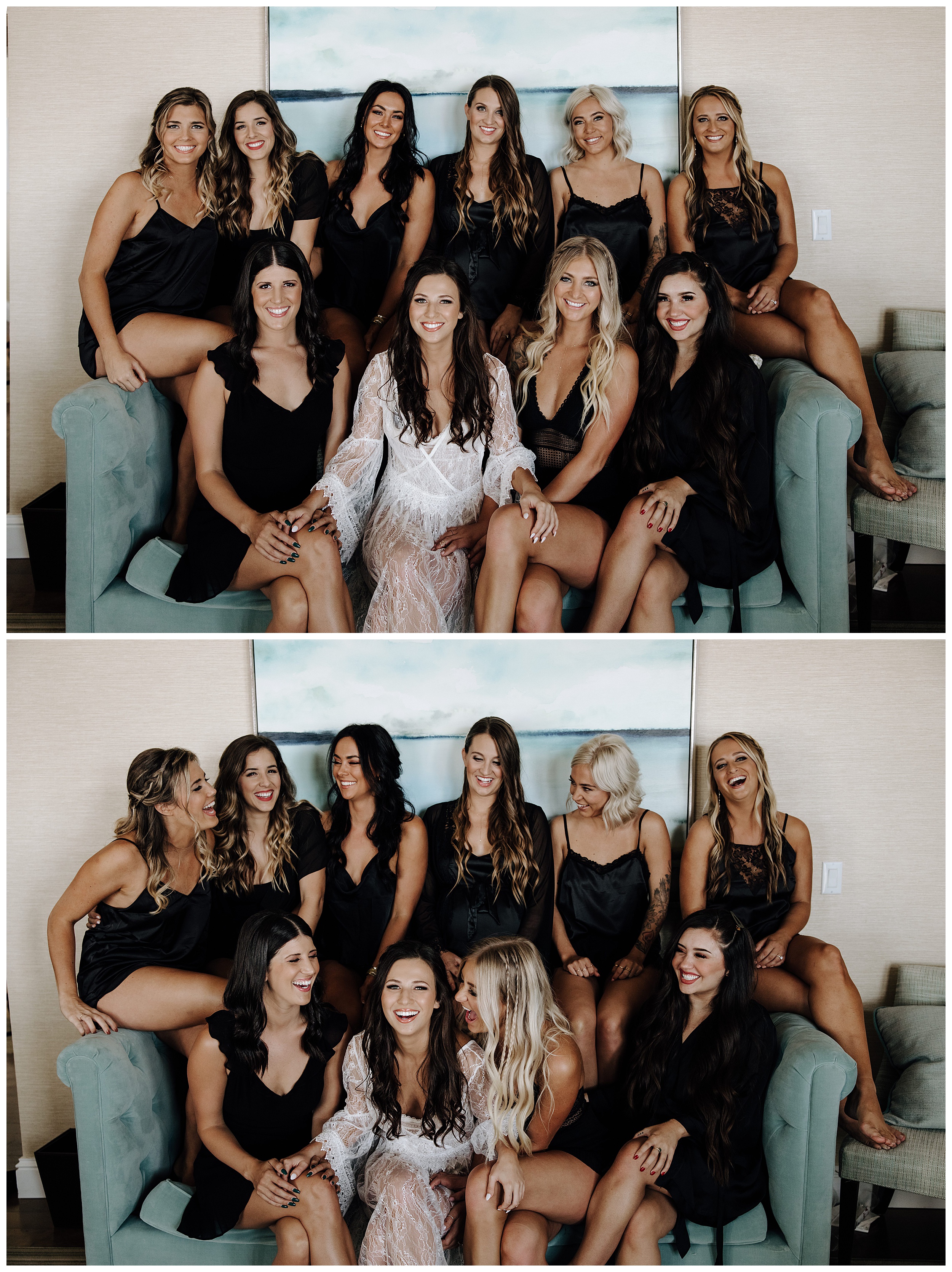 bridesmaids getting ready, bridal party getting ready, black bridal party outfits