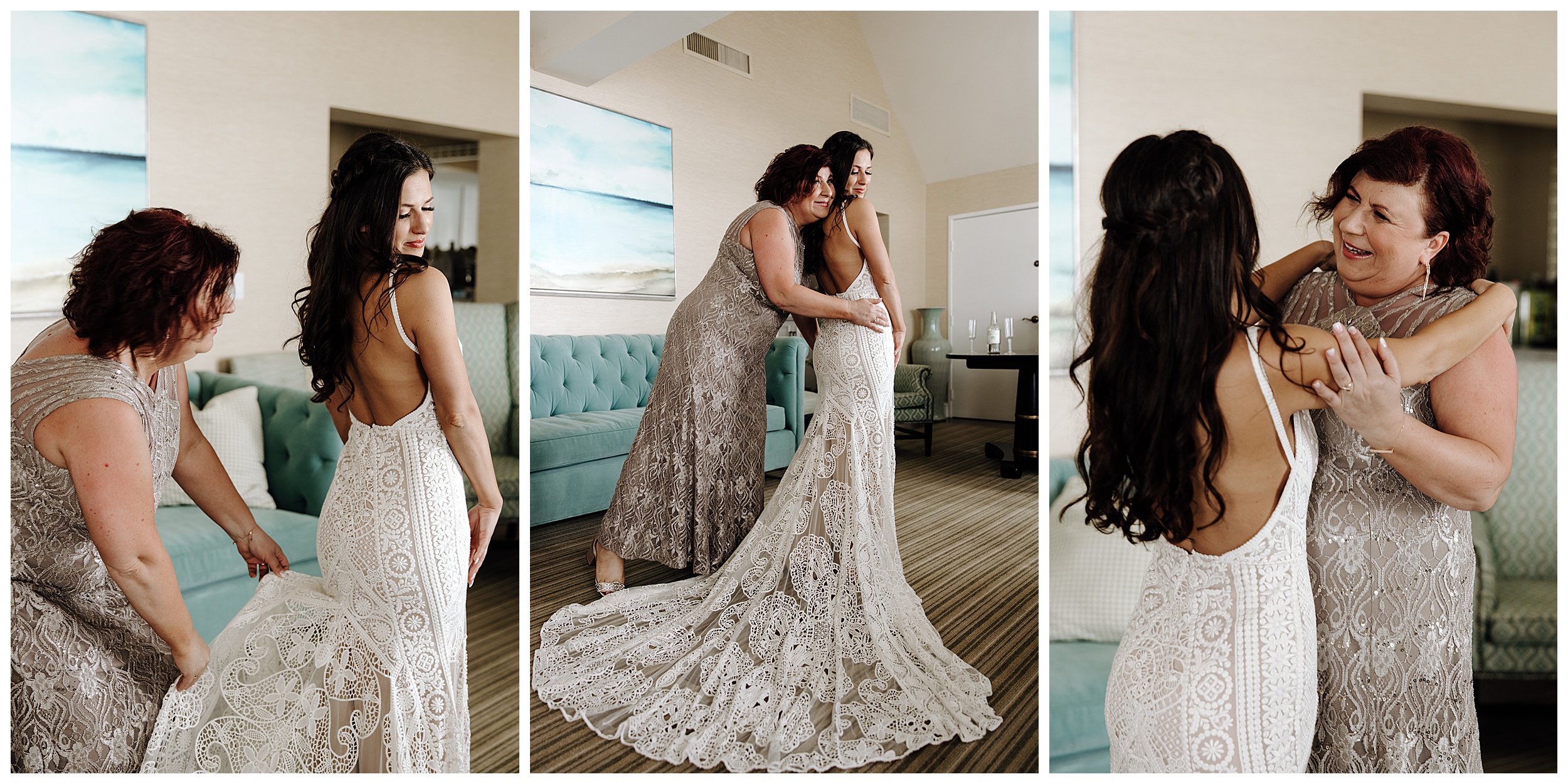 bride putting dress on, mom zipping up bride's dress, bride putting on wedding dress