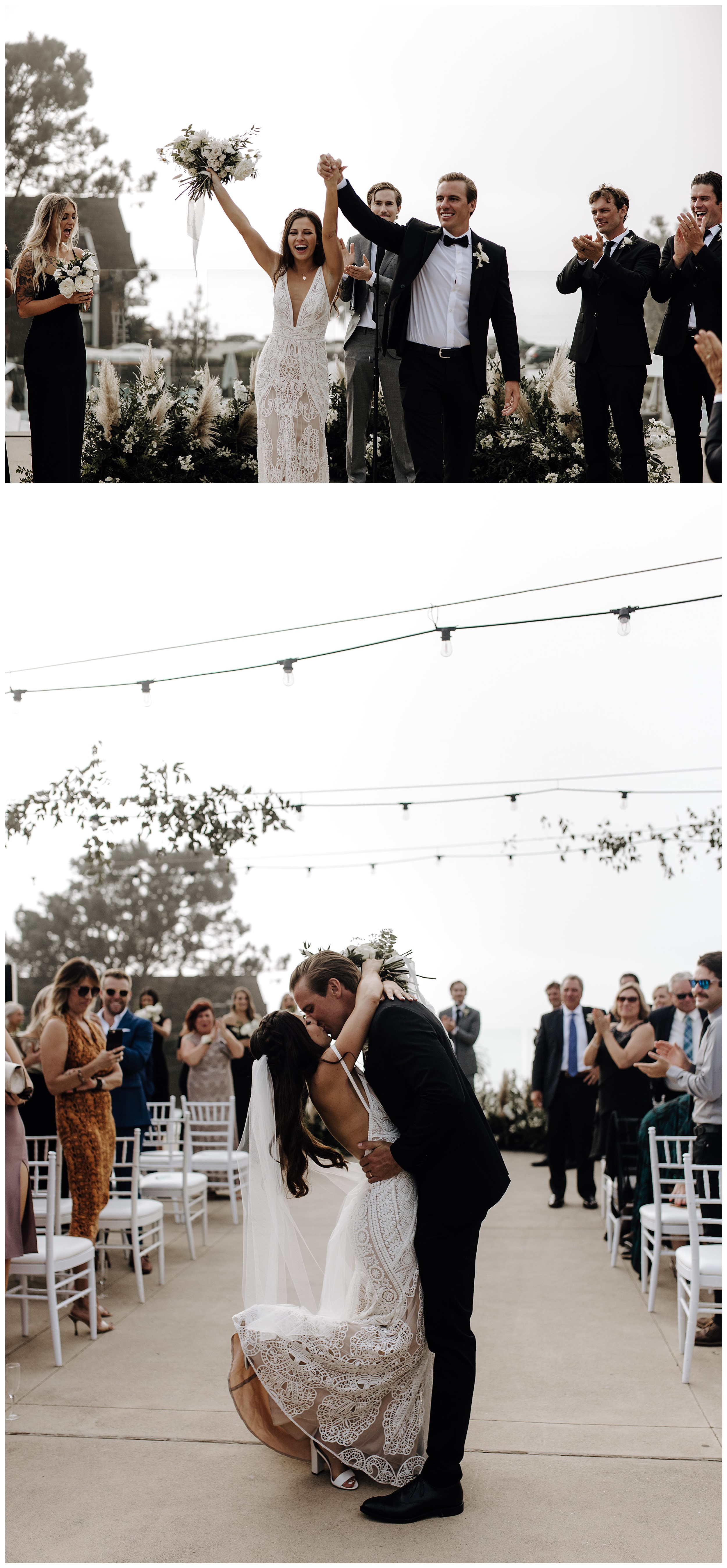 bride and groom kissing, first kiss, first married kiss