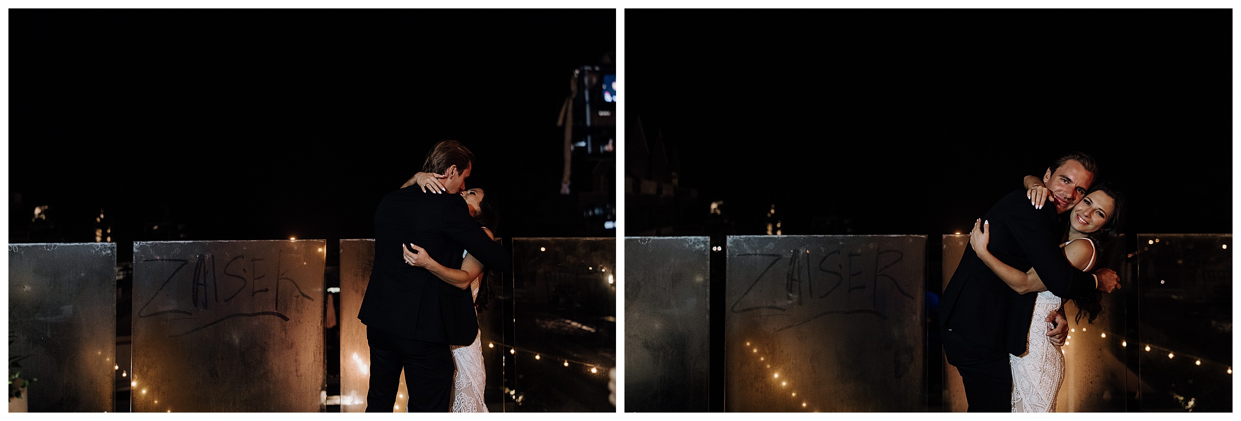 bride and groom kissing, wedding portraits at night