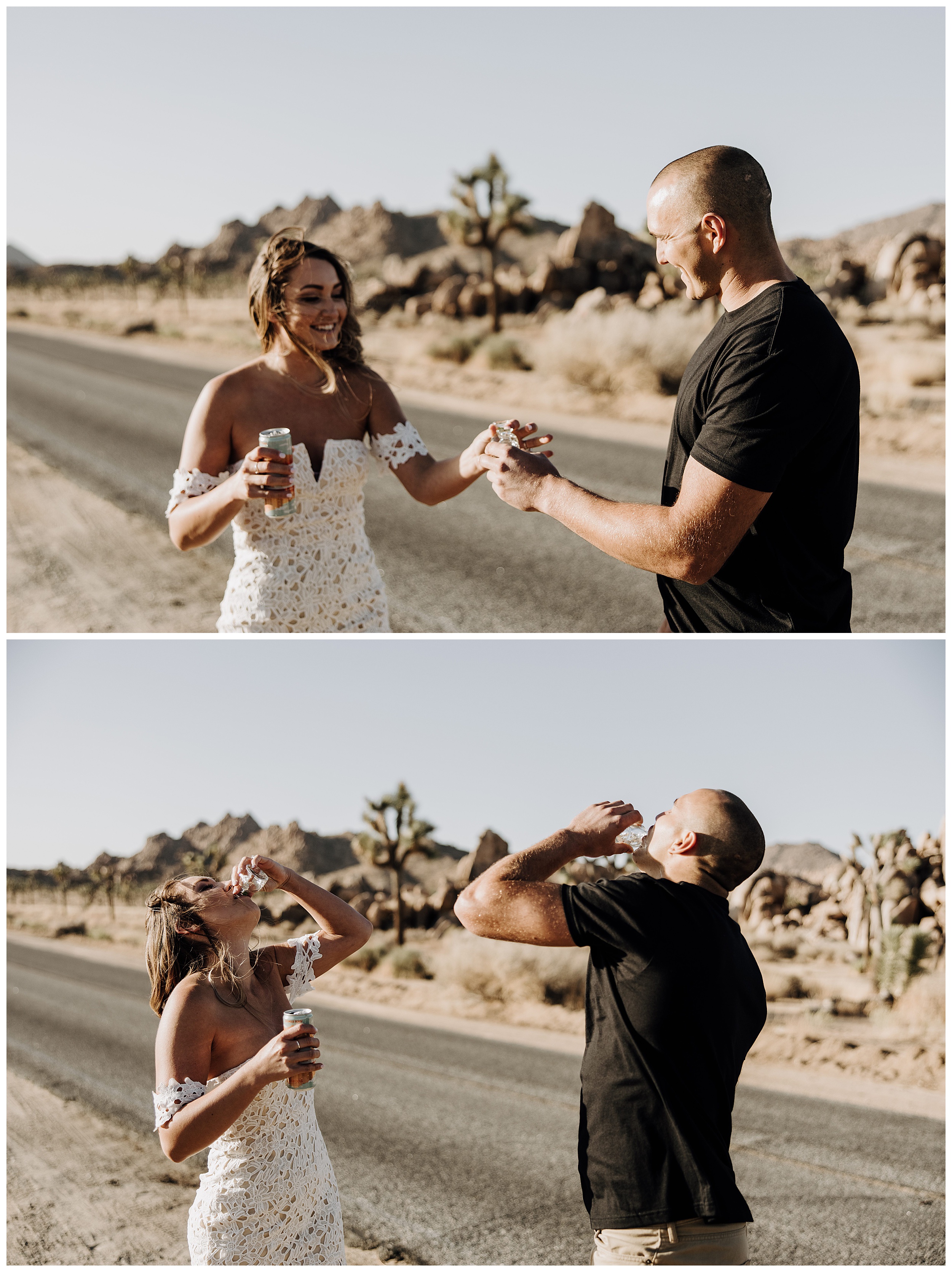 couple doing shots during engagement photos
