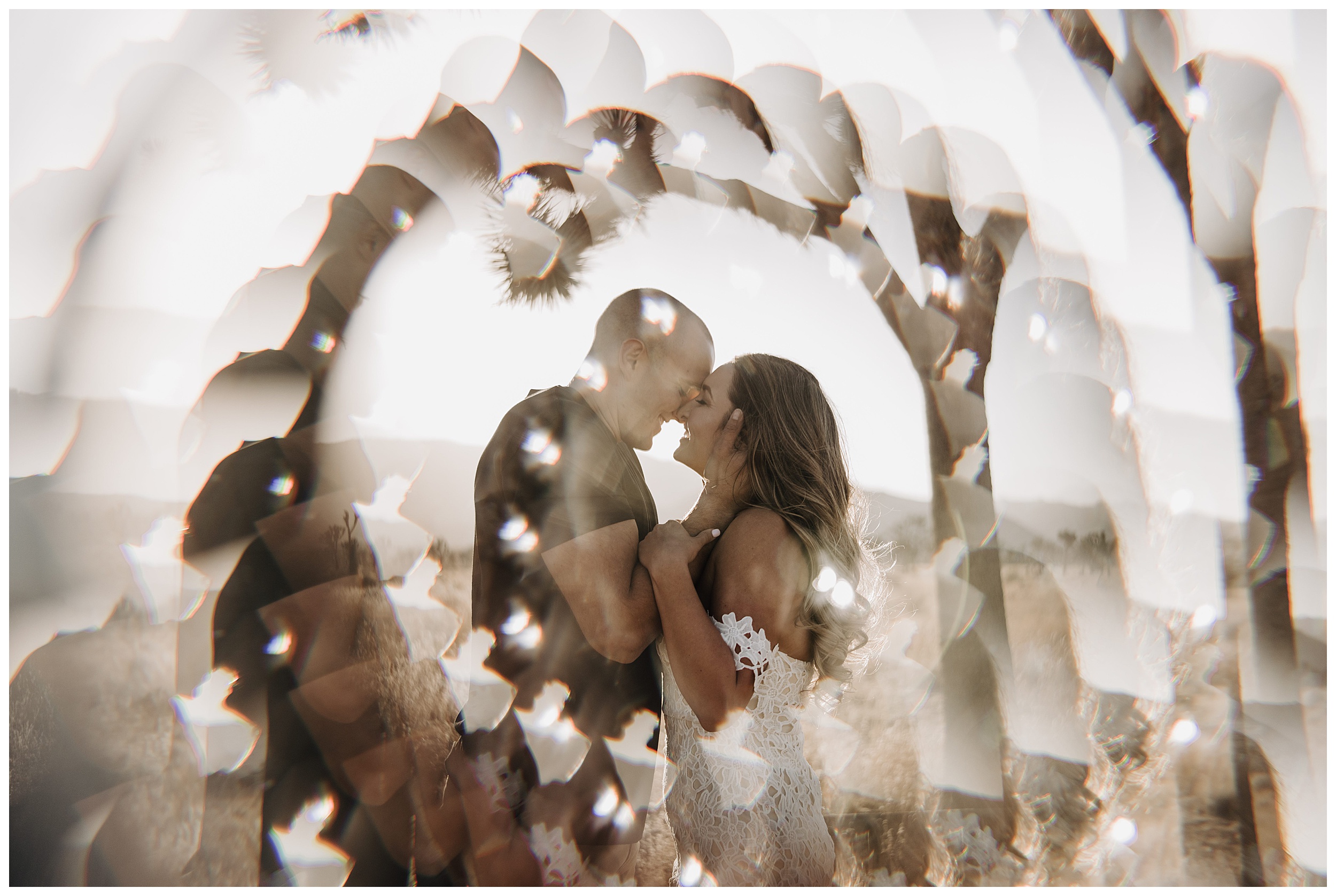 couple kissing in the dessert through prism