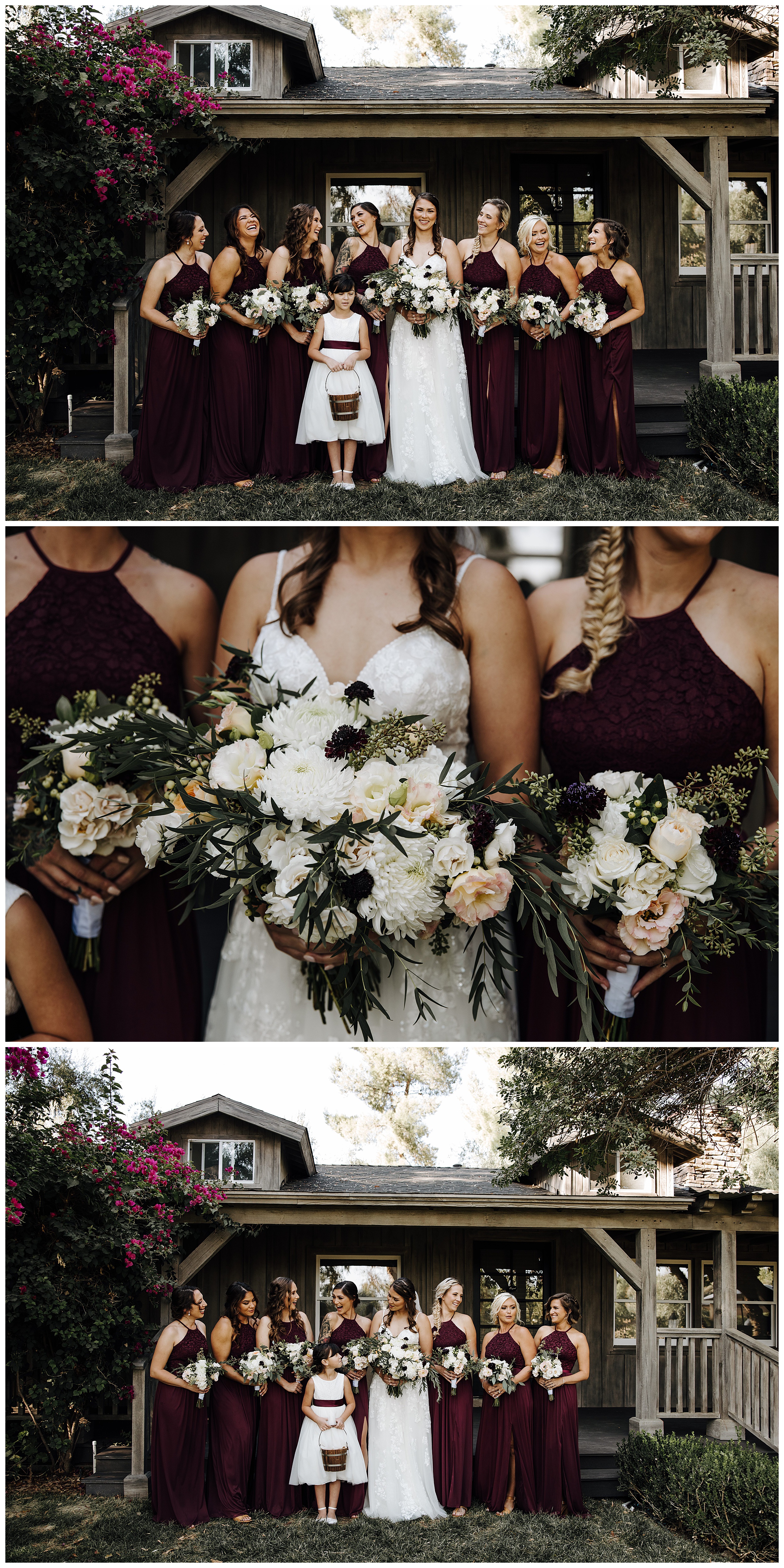 bridal party wearing maroon dresses