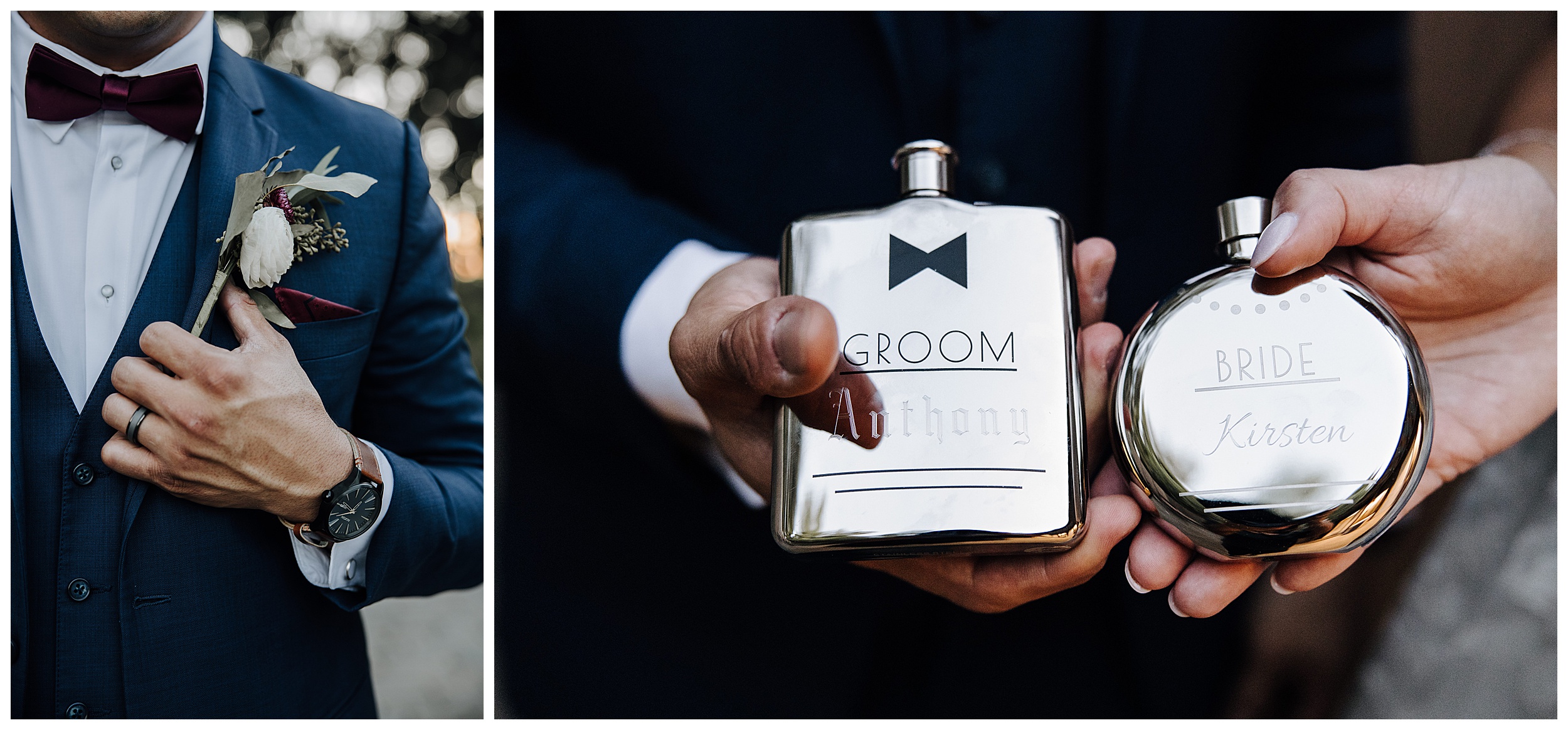 bride and groom holding custom wedding flasks