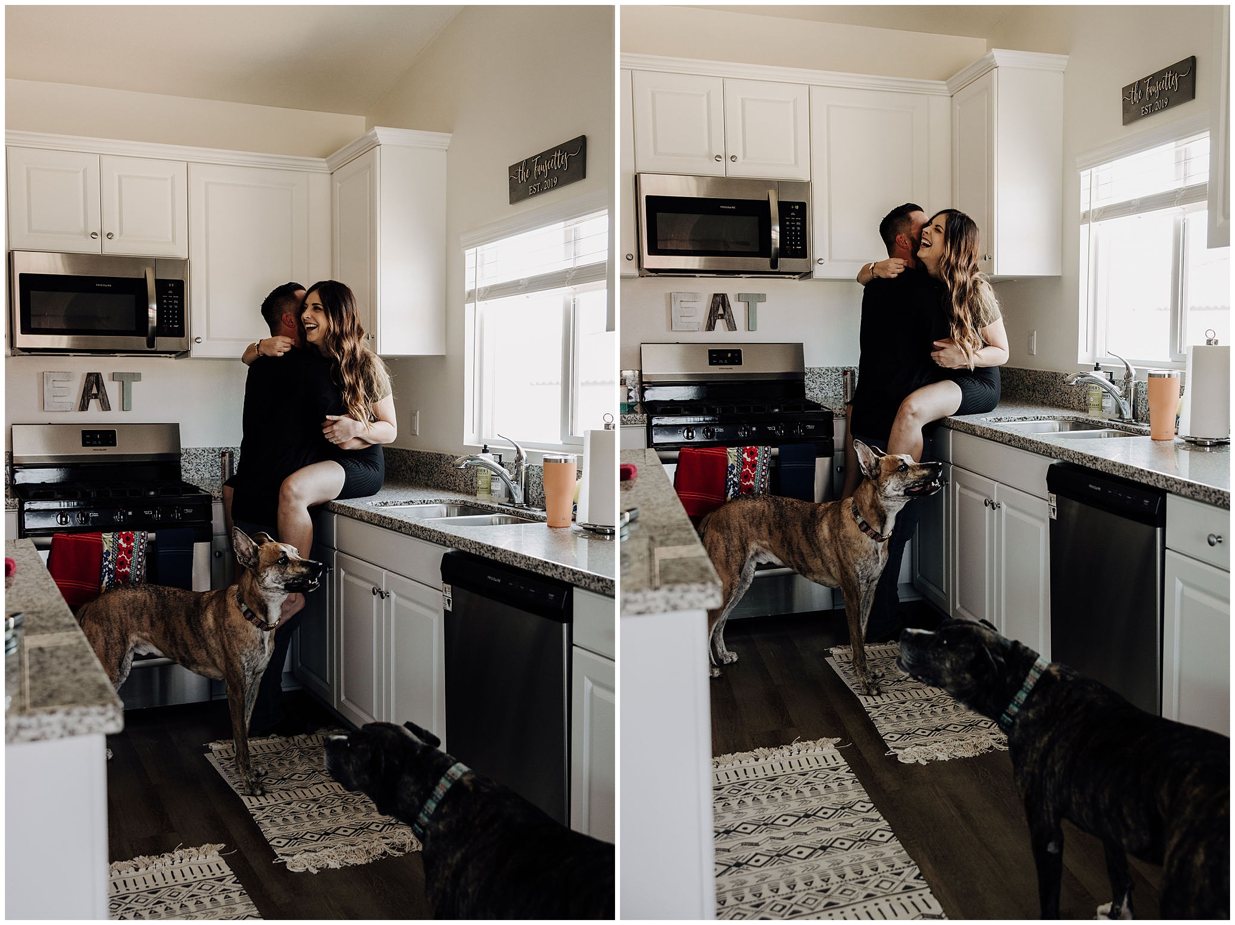 couple sitting on kitchen counter and kissing