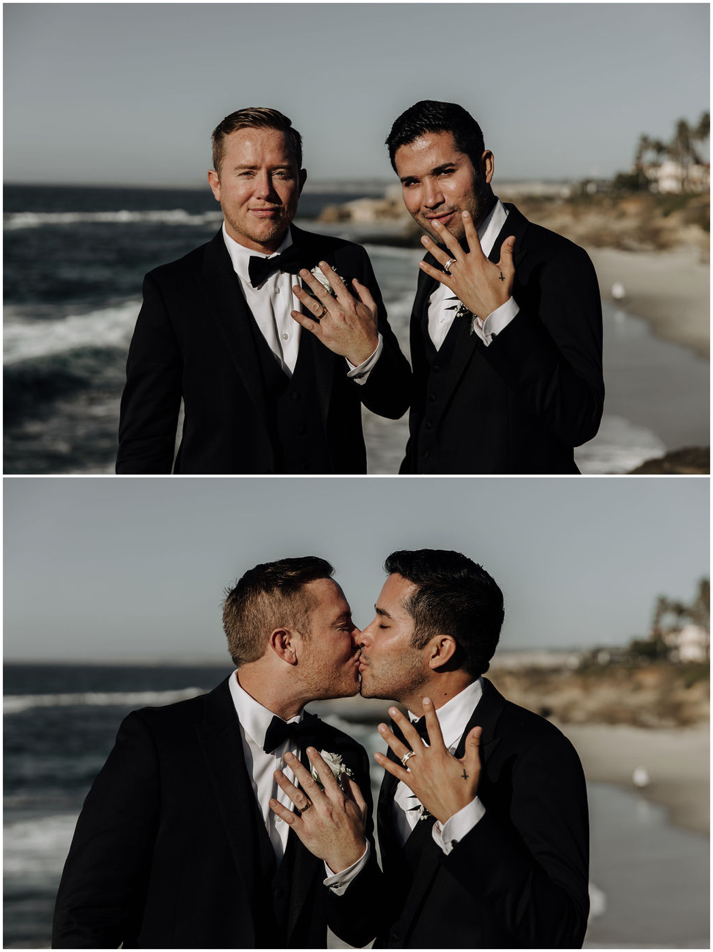 grooms kissing and showing off wedding rings