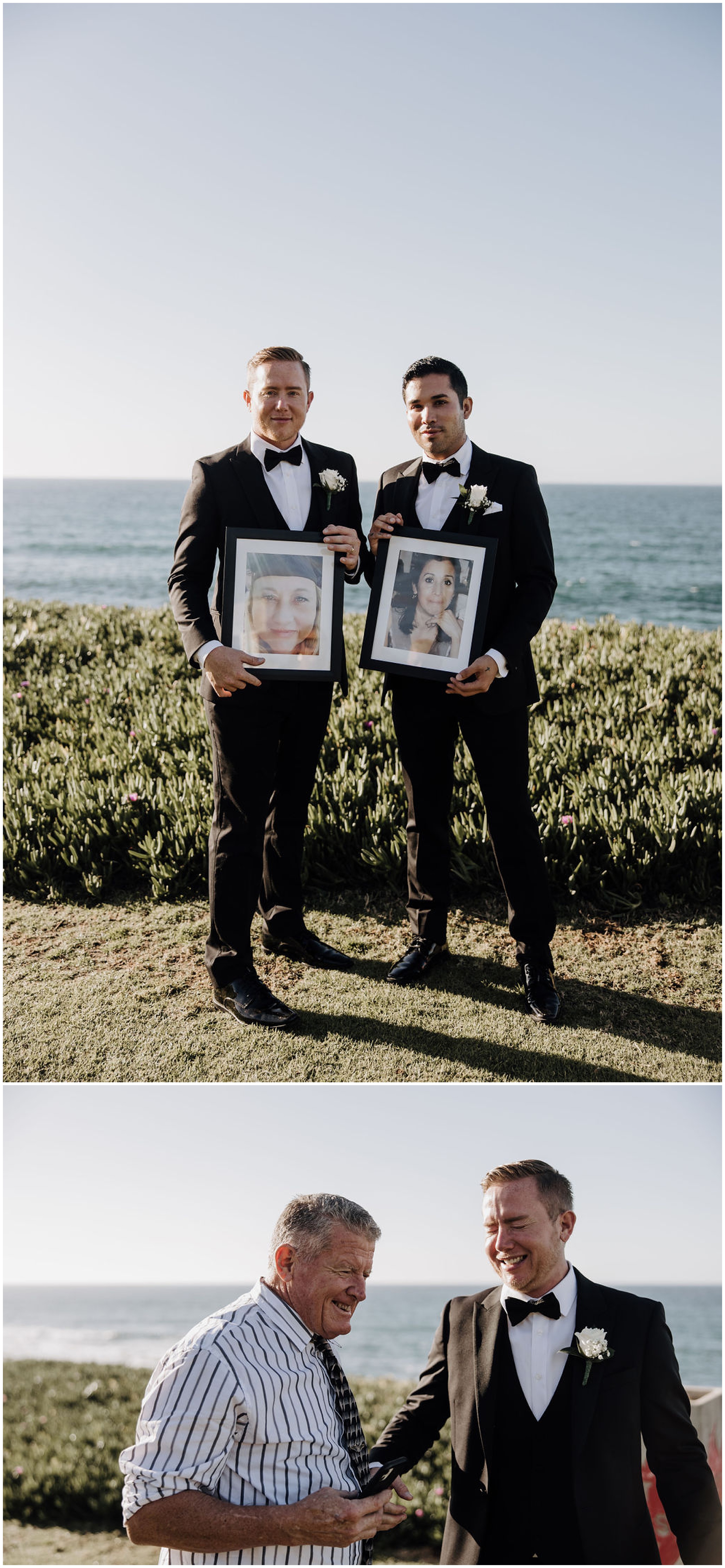 grooms holding photos of deceased moms
