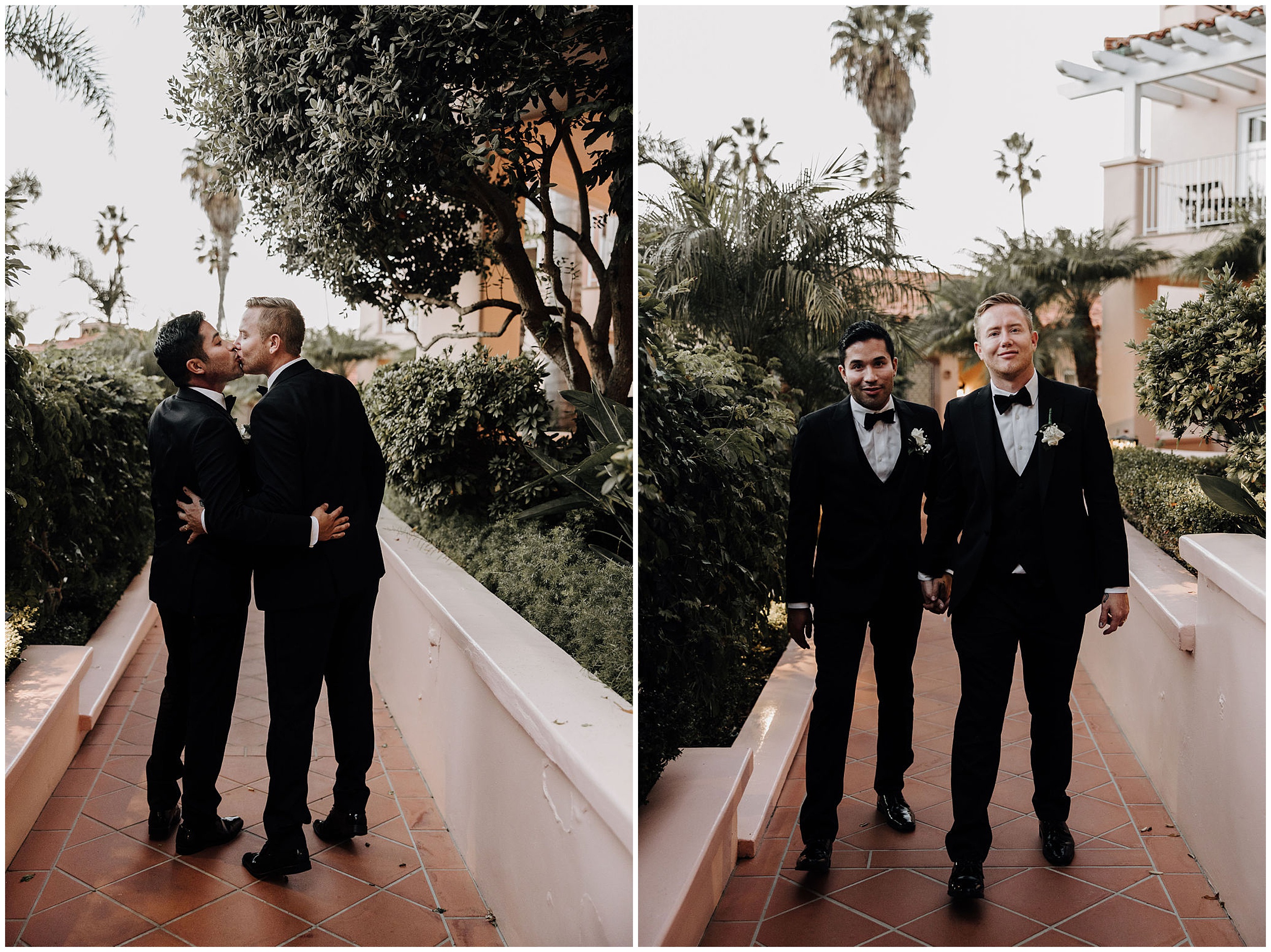 grooms posing in wedding tuxes