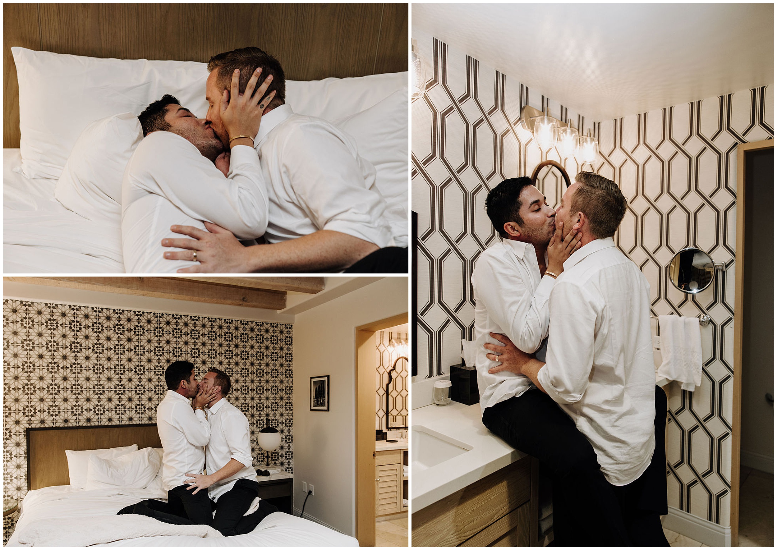 grooms kissing in hotel room after wedding