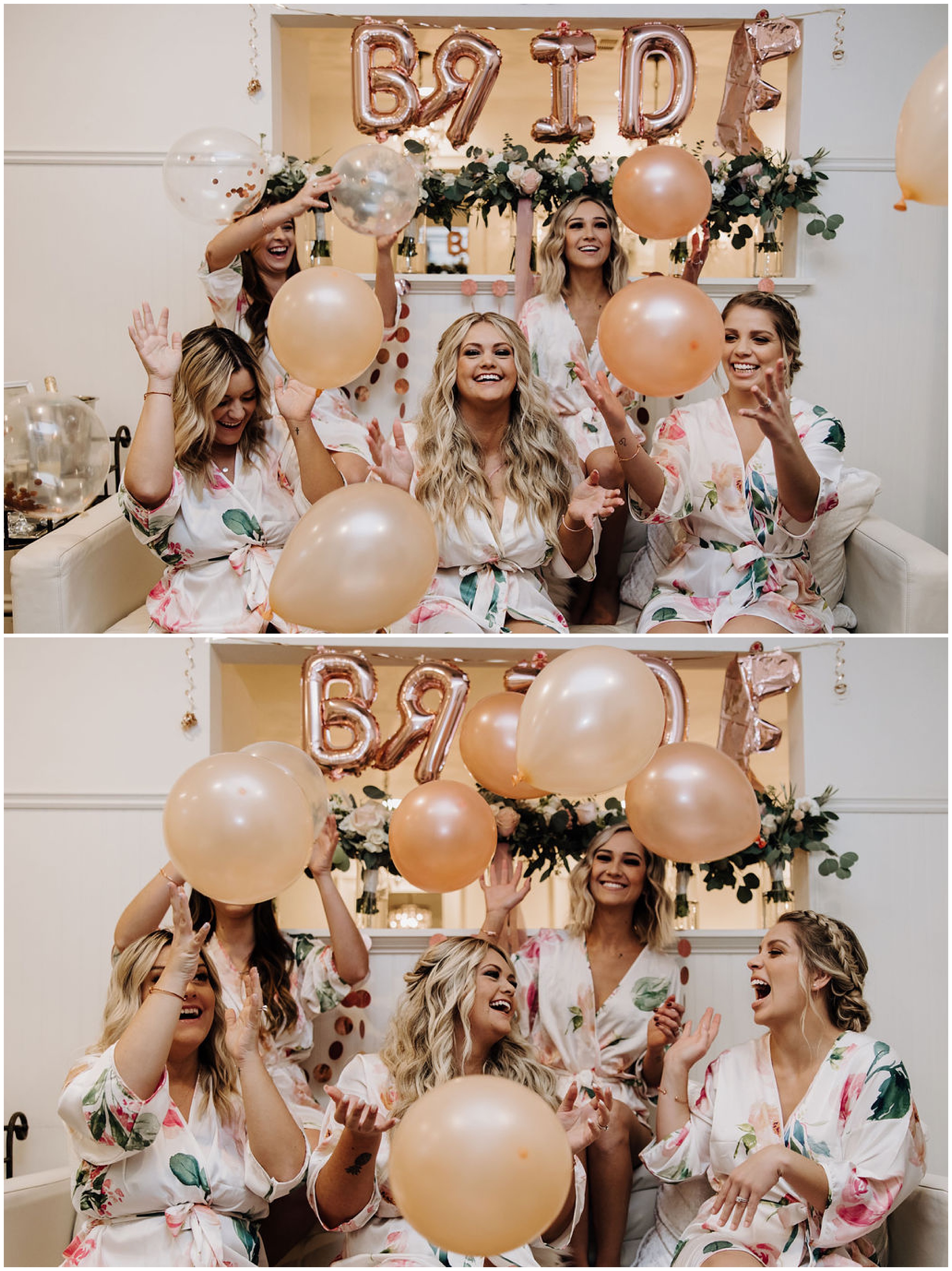 bride and bridesmaids wearing robes and throwing balloons