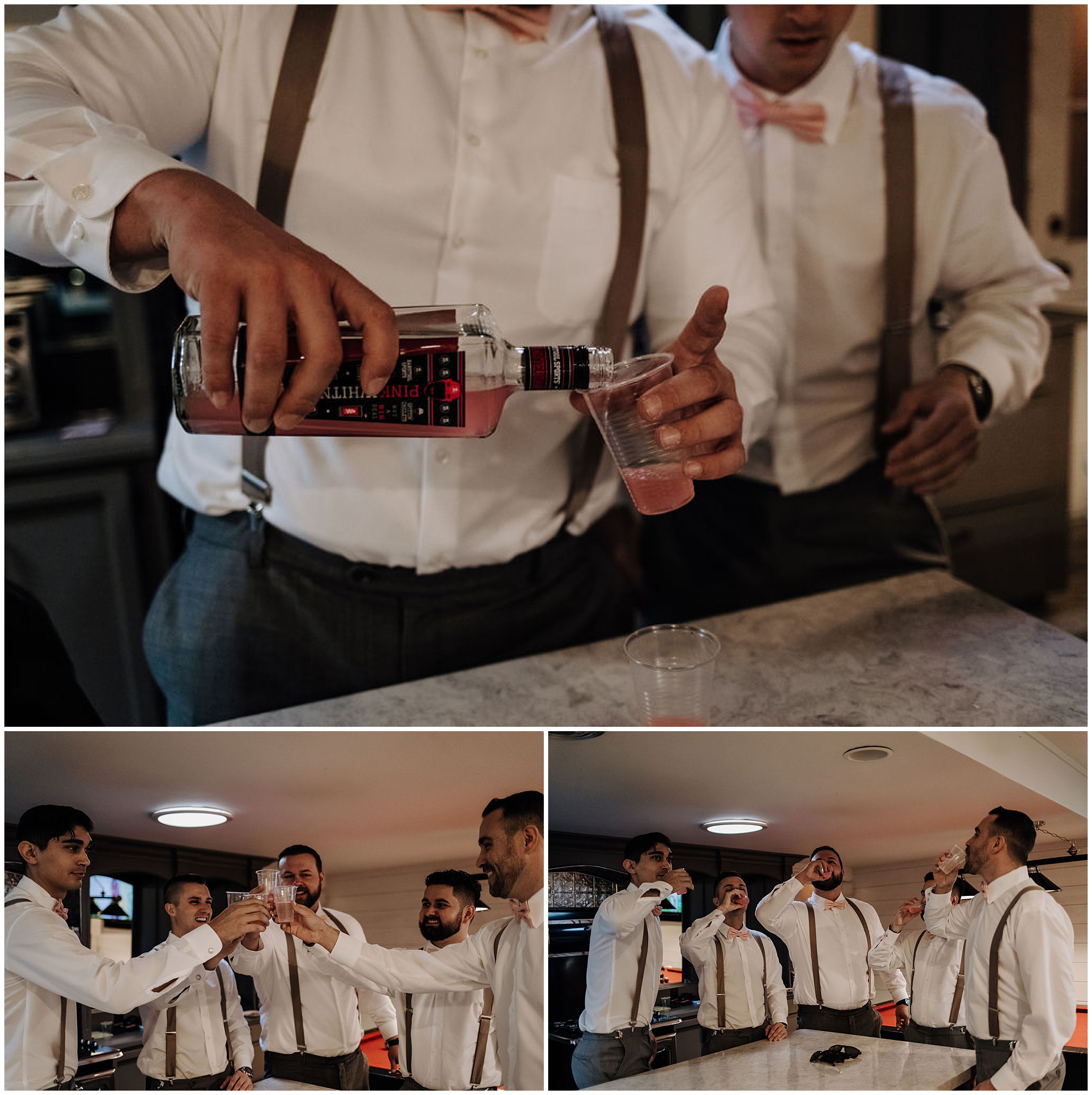 groom drinking with groomsmen