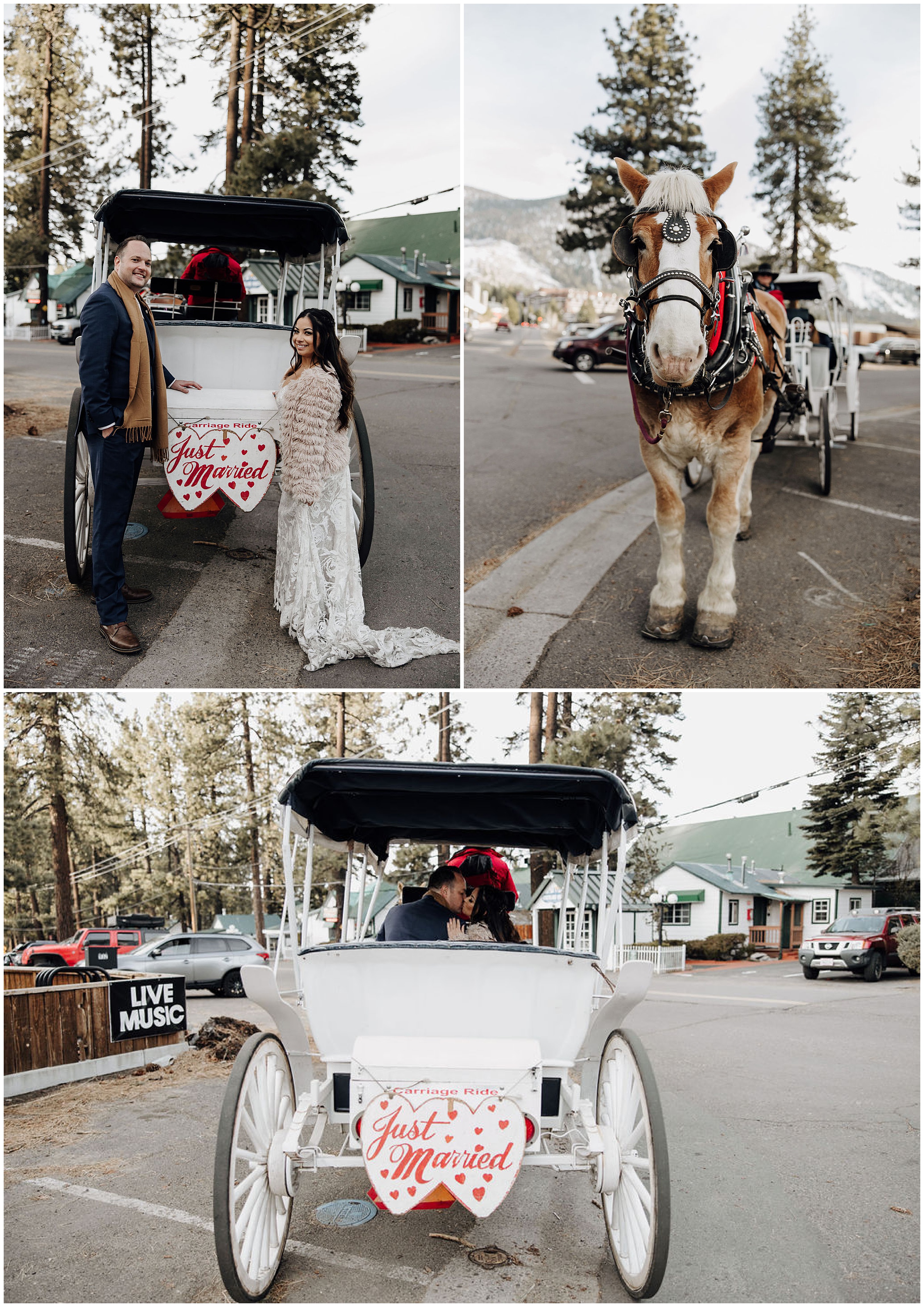 bride and groom riding in carriage